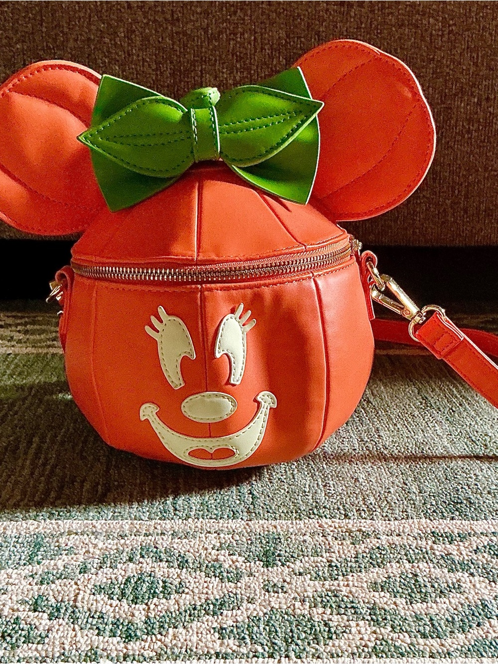 Loungefly Orange Pumpkin Mouse Crossbody with Green Bow Accent